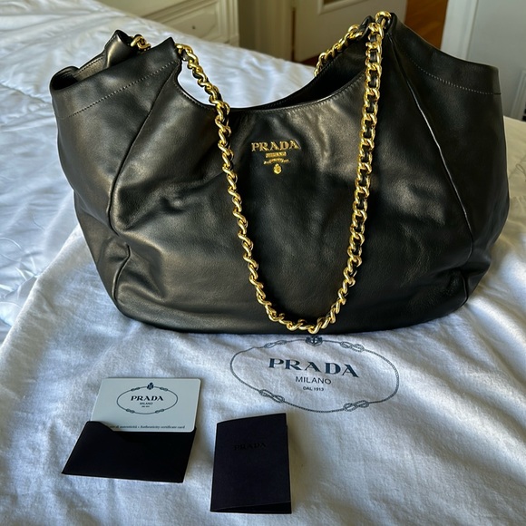 Prada Handbags - PRADA large leather bag with gold chain